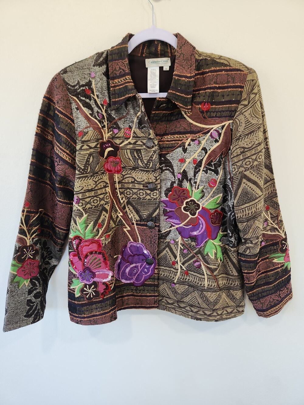 Coldwater Creek Womens M Floral Tapestry Jacket Jacquard Roses Cottagecore